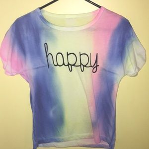 multicolored “happy” cursive tank